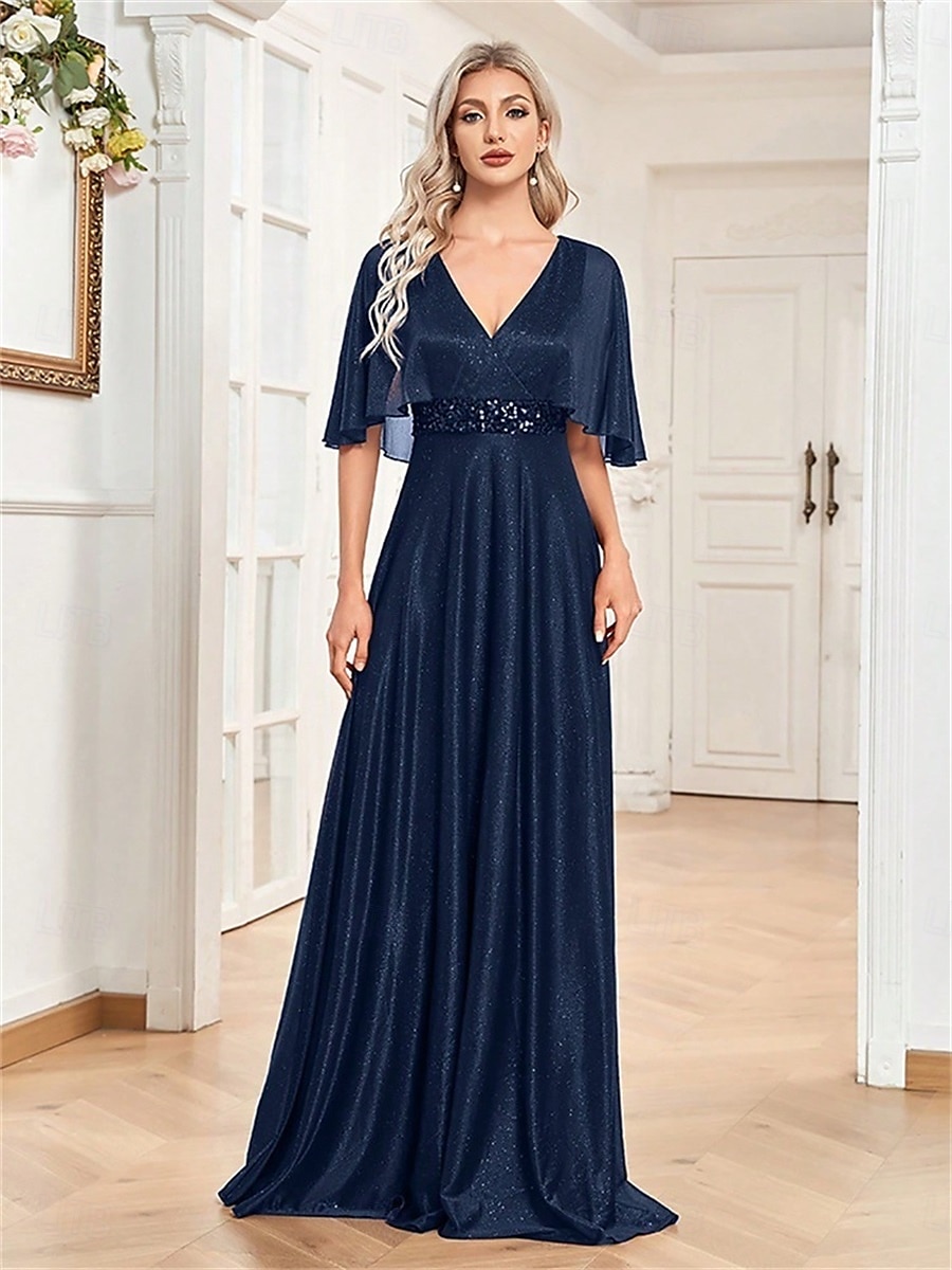 Robe de quinceanera A-Line élégante robe formelle de mariage longueur sol manches courtes col en V en satin avec plis de 2025 ? $99.99 –P1