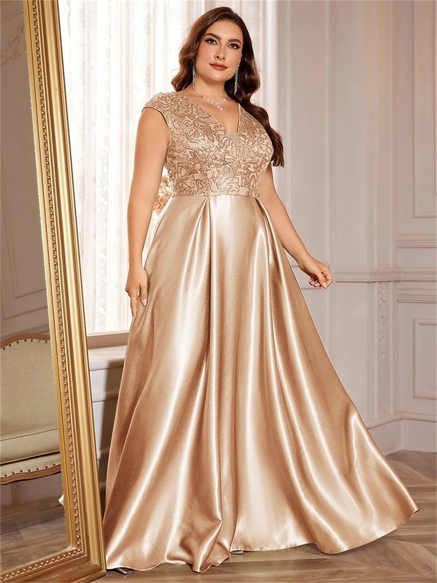 Robe A-Line Grande Taille Élégante Robe Courbe De Mariage Formelle Longue Au Sol Manches Courtes Col en V Satin Dos Nu Avec Plis 2025 de 2025 ? $119.99 –P3