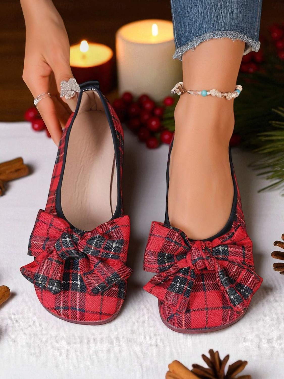 Ballerinas mit roter Schottenkaro-Schleife für Damen – Festtags-Ballerinas für Weihnachtsfeiern, Teepartys im Garten und gemütliche Abende 2025 - $19.99 –P3