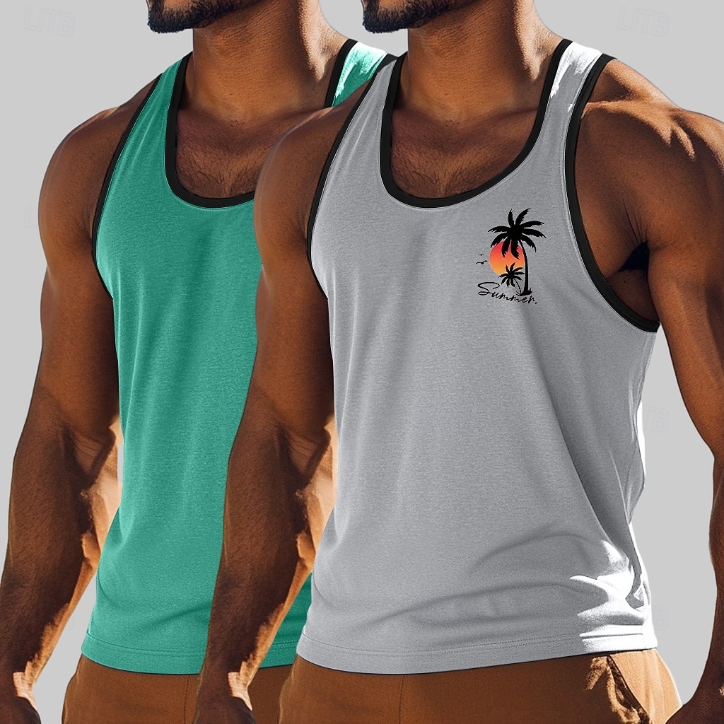 Per uomo Canotta Maglietta smanicata Maglietta senza maniche Canotta Muscolare Senza Maniche Girocollo Estate Albero di Cocco Sport Moda Casual 2 Pezzi Confezione multipla Stampato Casuale Spiaggia del 2026 a $18.99 –P3