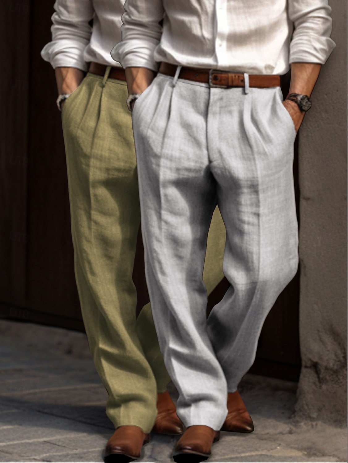 Herren Anzughose Leinenhosen Hose Sommerhose Faltenhose Fronttasche Gerader Schnitt Einfach Komfort Atmungsaktiv Volle Länge Outdoor Lässig Täglich Urlaub Mode Grün + grau Schwarz+Grau 2025 - $23.99 –P9