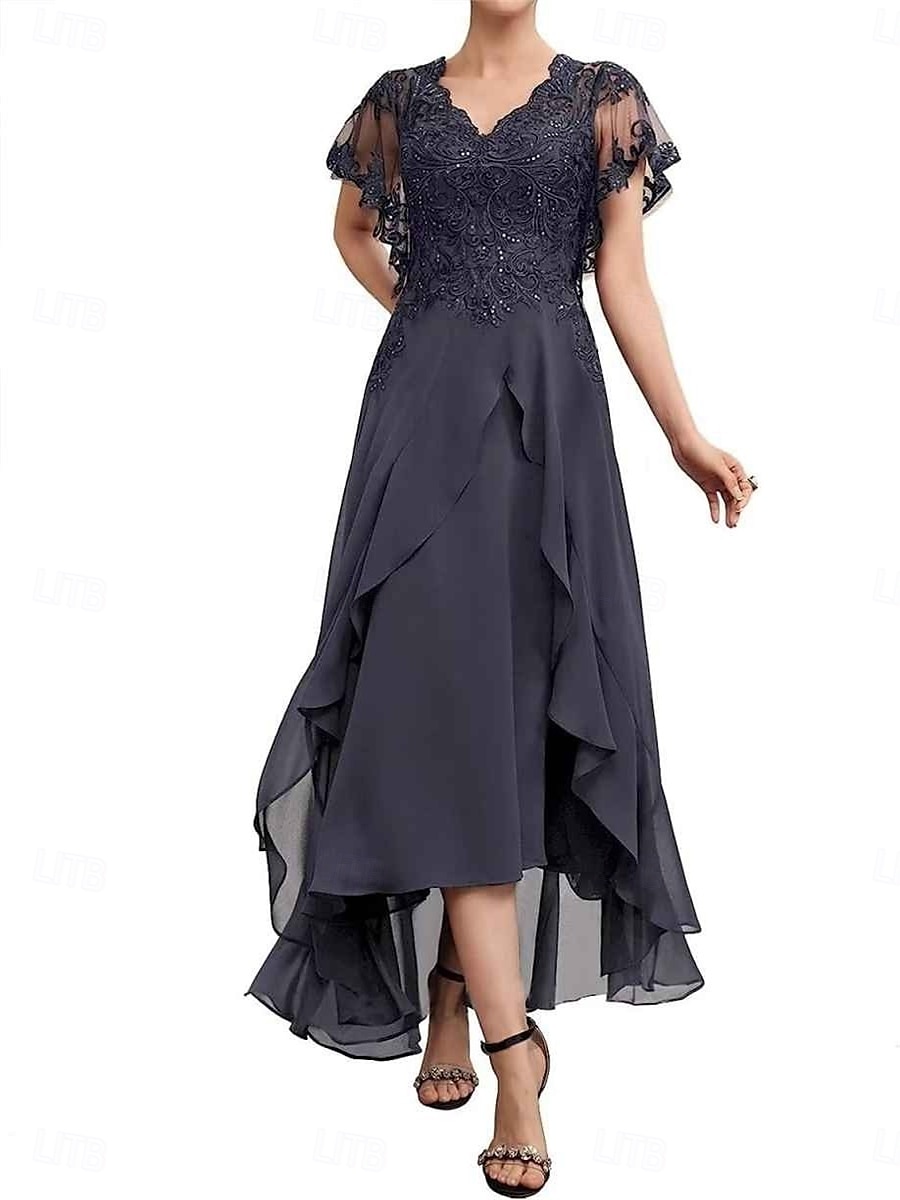 Abito A-Line per Madre della Sposa Elegante V Collo in Lungo Chiffon Maniche Corte con Colore Solido del 2025 a $179.99 –P1
