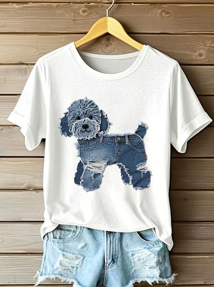 Femmes T-shirt Graphique Animal Chien ancien Élégant Classique Manche Courte Col ras du cou Col rond Hauts Réguliers Quotidien Week-end Imprimé Noir Blanche Été Printemps de 2025 ? $19.99 –P1