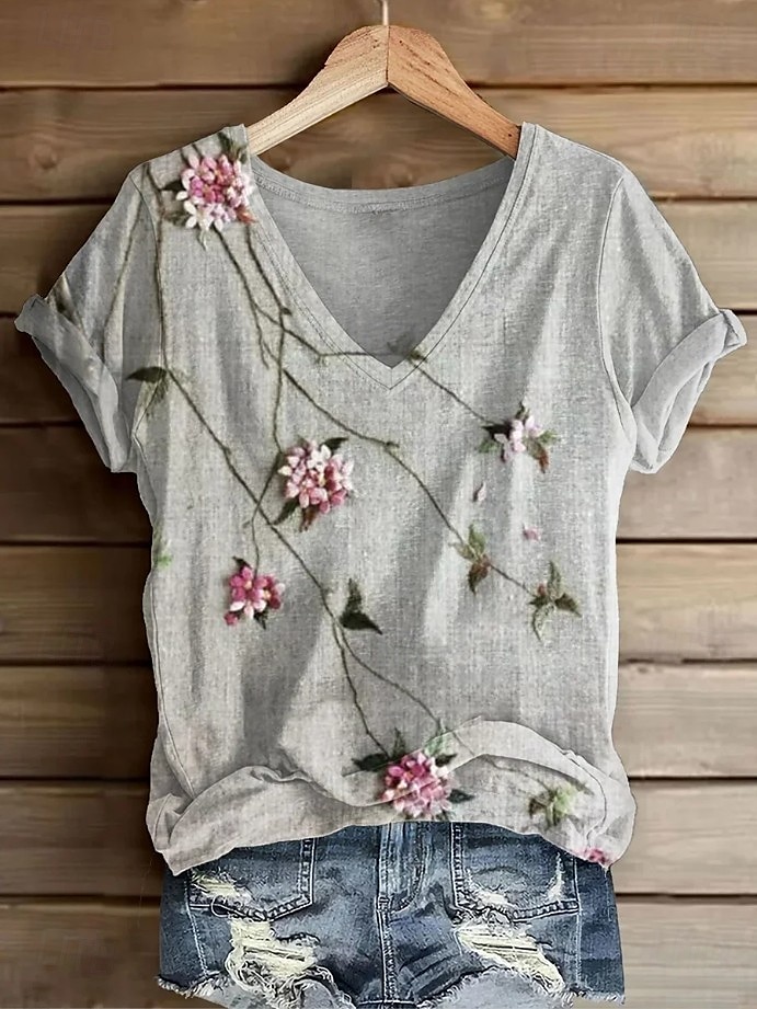 Femmes T-shirt Fleuri Graphique Plantes Bohème ancien Élégant Manche Courte Col en V Hauts Réguliers Quotidien Sortir Week-end Imprimé Vert foncé Vert Gris Été Printemps de 2025 ? $19.99 –P1
