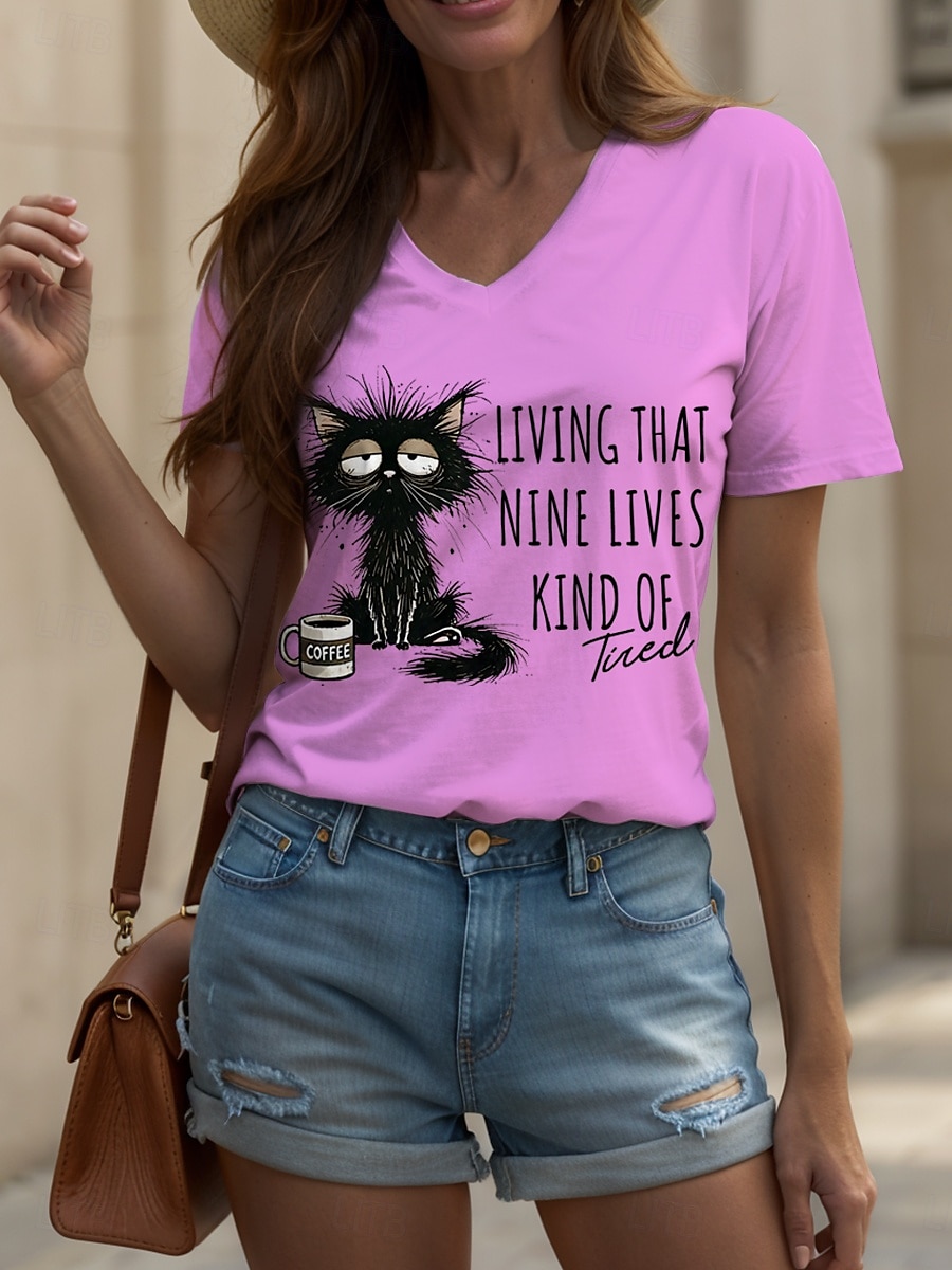 Per donna Maglietta Grafico Animale Gatto Vintage Elegante Classico Manica Corta Scollo a V Top Regolari Quotidiano Stampato Nero Bianco Rosa Rosso Blu Estate Primavera del 2025 a $19.99 –P7