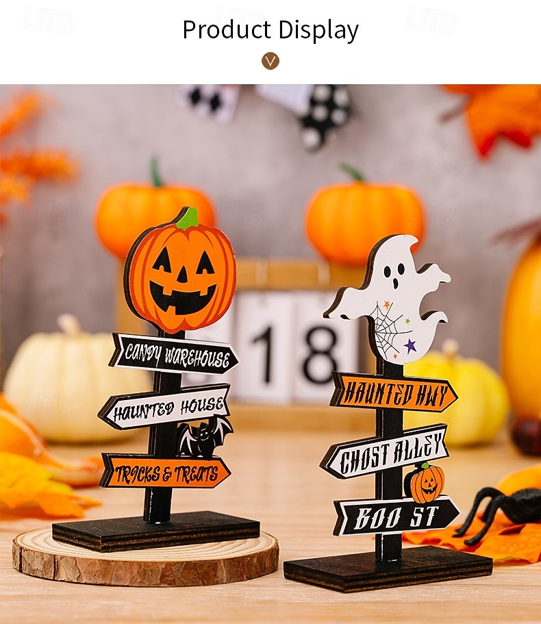 2025年 ハロウィーンの木製卓上装飾2個、木とゴーストが付いたカボチャの文字サイン、ハロウィーンパーティーのディスプレイ用の不気味なスタンディングデコレーション  コレクション – $9.99 –P5