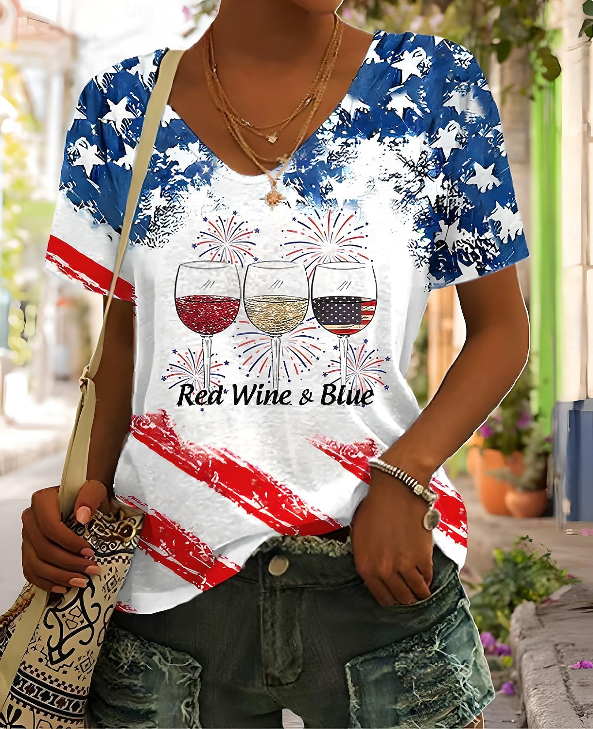 Női Hazafias T Shirt Grafikai Amerikai Zászló Vintage Stílusos Klasszikus Rövid Ujjú V Nyakú Normál Felsők Mindennapi Hétvégi Nyomtatás Kék Nyár Tavasz 2025 - $19.99 –P5