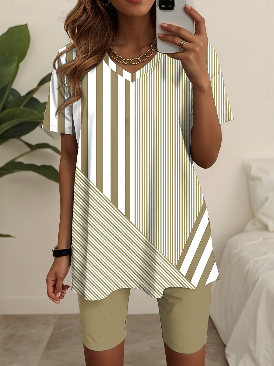 Femmes Mode T-shirt Ensembles de Shorts Manche Courte Col en V Graphique Rayé Imprimé Décontracté Quotidien Bleu Violet Vert Été Coupe Ample de 2025 ? $29.99 –P5