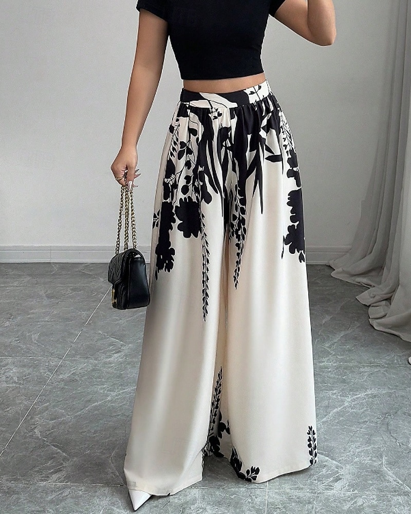 Women's Wide Leg Slacks Streetwear Casual Full Length Natural Flower Elastic Waist Printing Comfy Outdoor Comfortable Holiday Weekend Black White Fall Regular Fit 2026 - $24.99 –P1