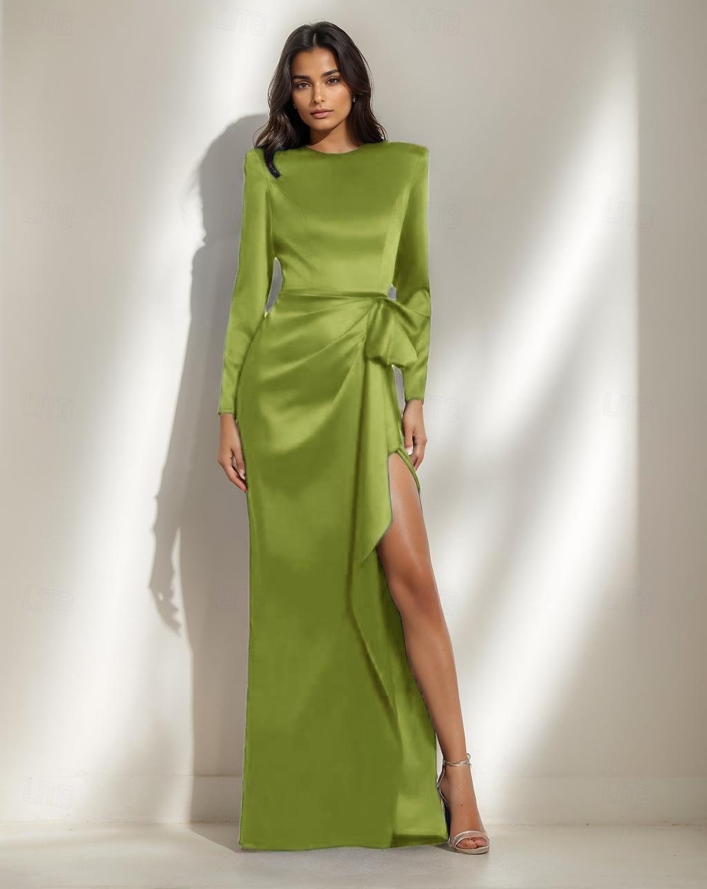 Vestido de Noite Black Tie Sereia  Trompete Vestido Elegante Formal Casamento Comprimento de Piso Manga Longa Vestido de Cetim Decote Redondo com Laço(s) Fenda com Pregas de 2025 por $144.99 –P7