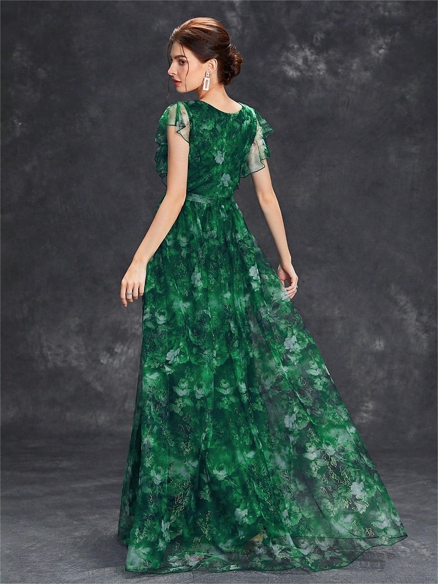 Abiti Quinceanera A-Line abito elegante formale lungo senza maniche scollatura a V in chiffon con stampa floreale del 2025 a $79.99 –P17