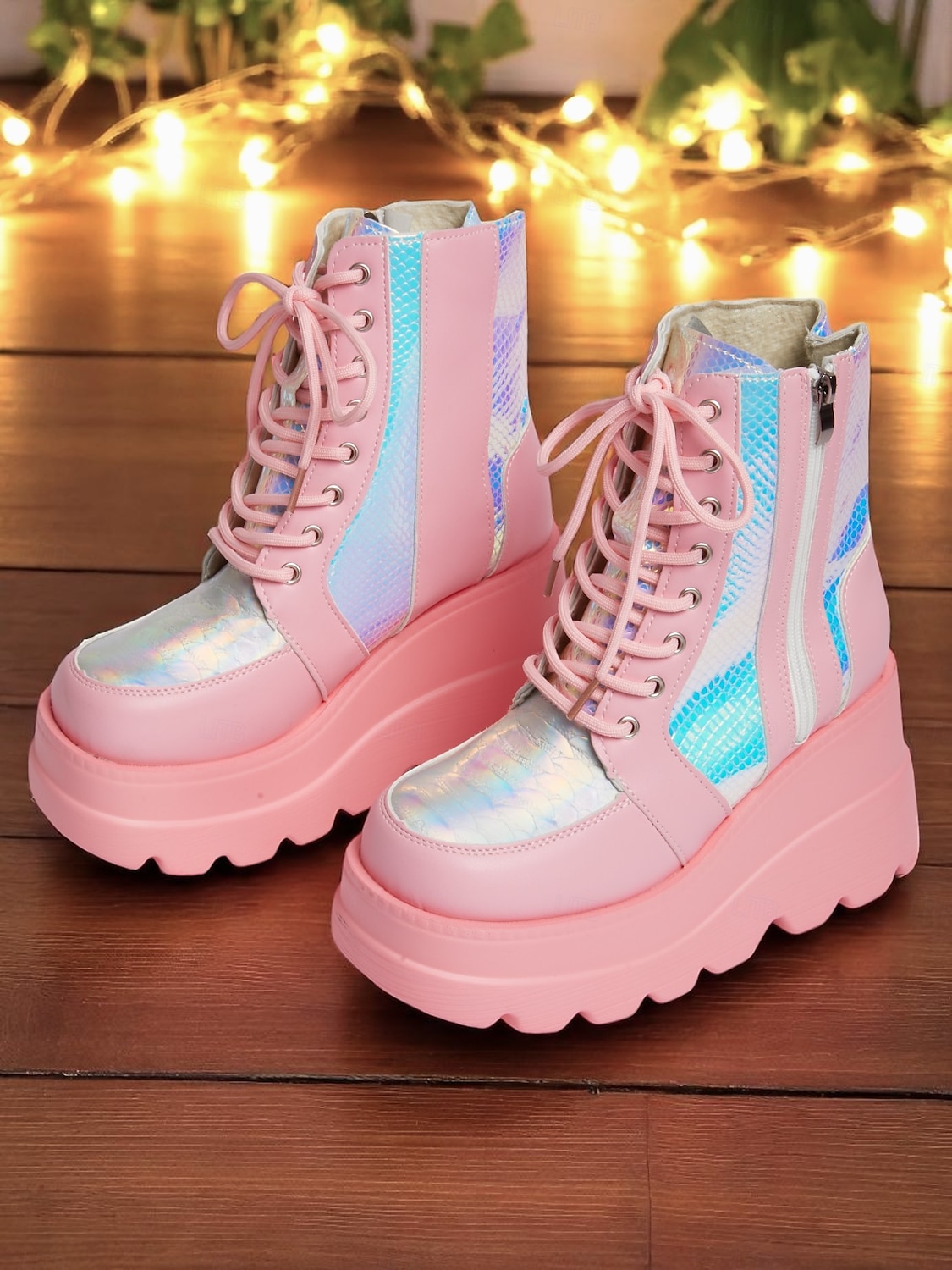 Botas de combate femininas plataforma rosa, botas de cano curto holográficas com cadarço e salto grosso com zíper lateral, estilo de rua ousado para vida noturna e roupas de festa de 2025 por $34.99 –P3