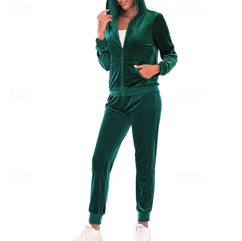 Women's Tracksuit Sweatpants Hooded Jacket Zipper Pocket Solid Colored Clothing Suit Fall Black Burgundy Velour Gym Workout Sports Windproof Long Sleeve Sport Activewear Micro-elastic Regular Fit 2025 - $42.99 –P9