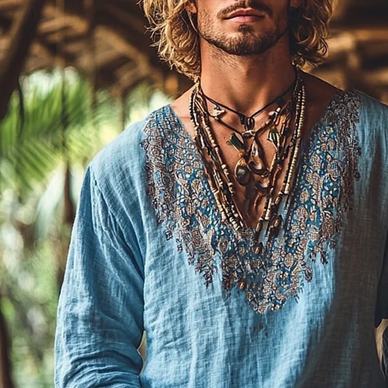 Herren Hemd Leinenhemd Wikinger-Stil Popover-Hemd Sommerhemd Strandbekleidung Einfach Urlaub Straße Blau Langarm V Ausschnitt Sommer Frühling Bekleidung 2025 - $23.99 –P2