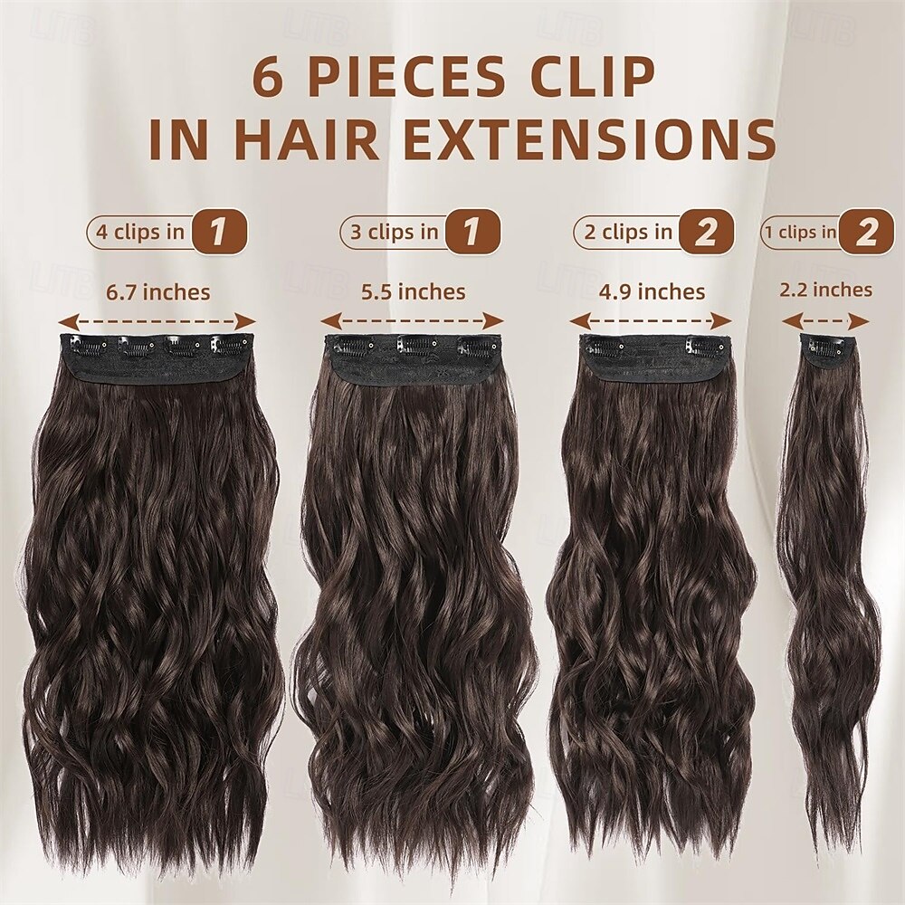 clip in haarverlengingen 6 stuks natuurlijk &zacht haar &goed te combineren met haarextensies donkerbruine lange golvende haarstukken 2025 - $26.99 –P5