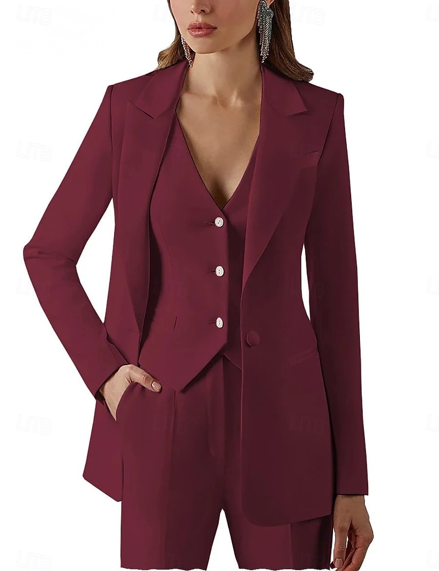 Costum de 3 piese pentru mama miresei vintage simplu minimalist rever lungime până la podea material elastic mânecă lungă cu nasturi 2025 - $159.99 –P3