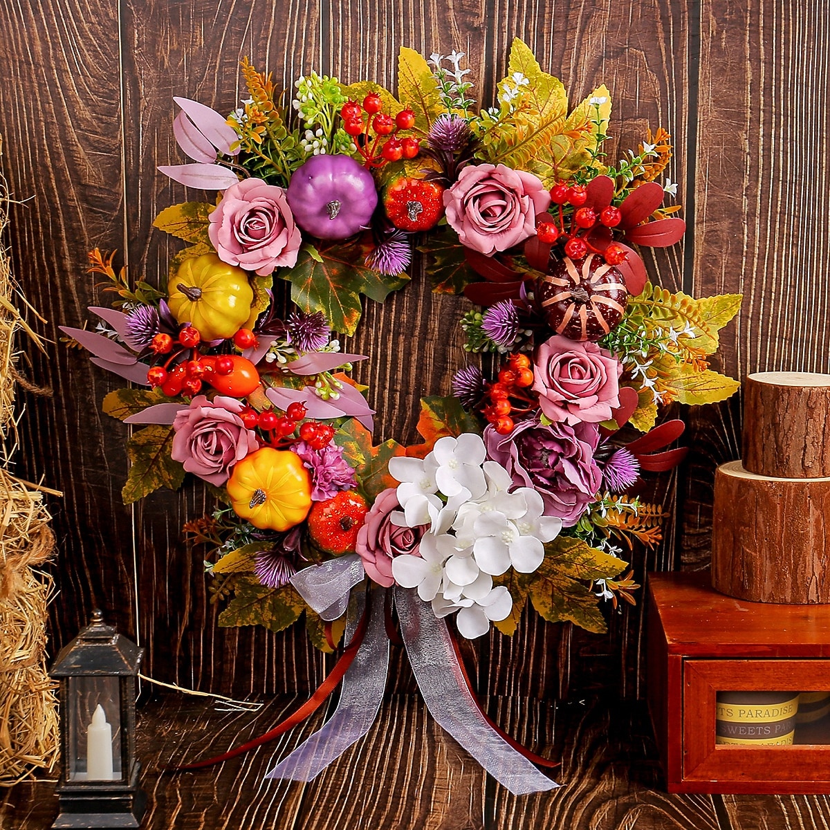 Couronne d'automne pour porte d'entrée, Thanksgiving, récolte d'automne, décoration intérieure et extérieure, couronne de vigne de roses et de citrouilles, panneau de porche de ferme rustique suspendu de 2025 ? $29.99 –P1