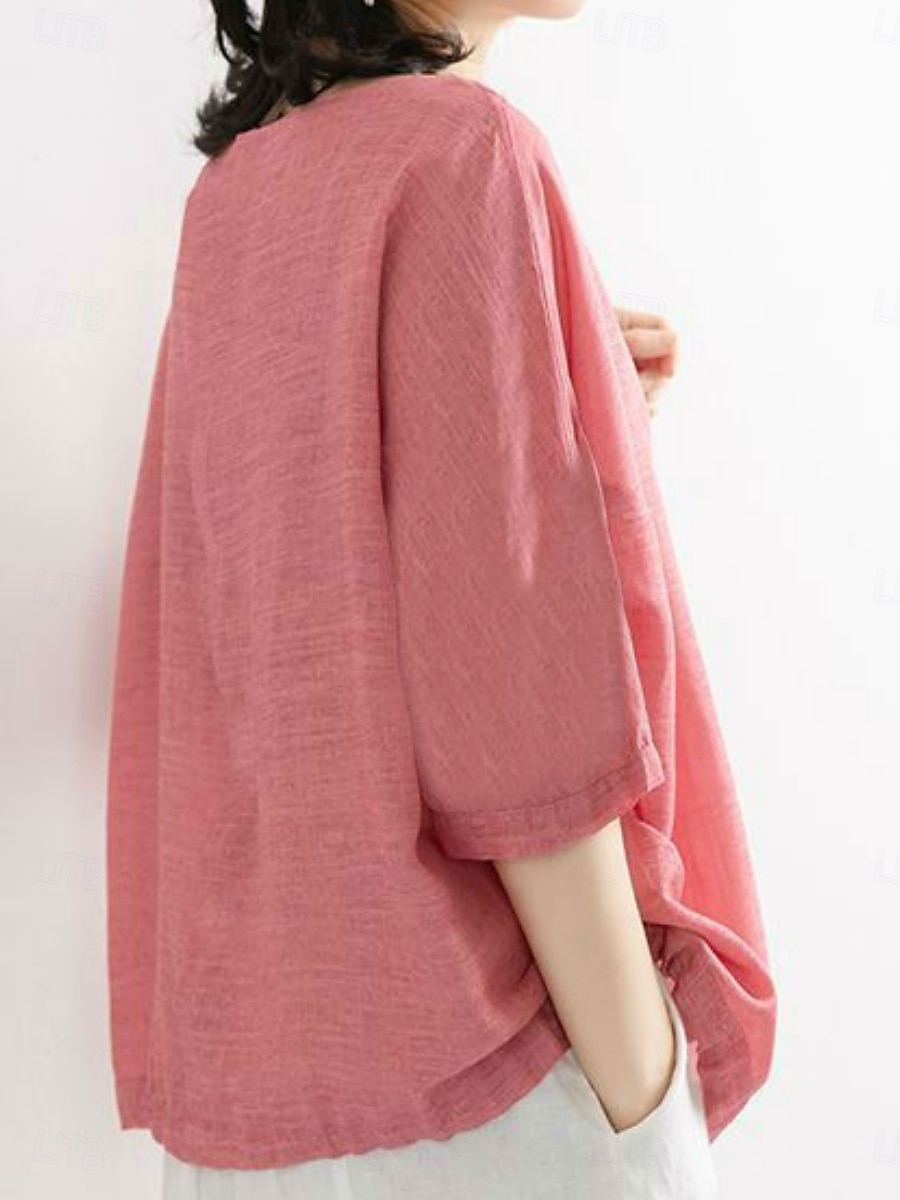 Femmes Chemise Couleur Unie Élégant Occasionnel Manche 3/4 Col ras du cou Hauts Réguliers Quotidien Rose Claire Bleu Violet Vert Été Printemps de 2025 ? $3.99 –P3