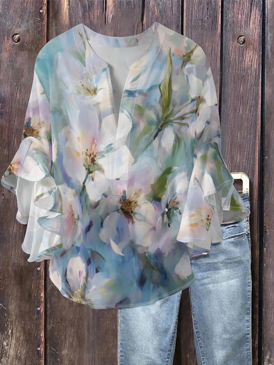 Dame Bluse Blomstret Stilfull Moderne 3/4 ermer V-hals Vanlige topper Daglig Ferie Drapering Trykt mønster Lysegrønn Blå Grønn Grå Lyseblå Sommer 2025 - $22.99 –P3