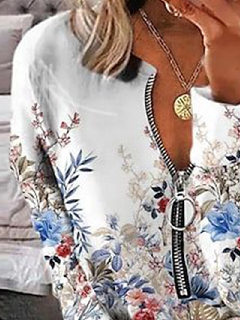 Dam Blus Blommig Dagligen Stylish Långärmad Rund hals Vanliga toppar Dagligen Utekväll Mönster Fjärdedels blixtlås Vit Vår Höst 2025 - $19.49 –P2