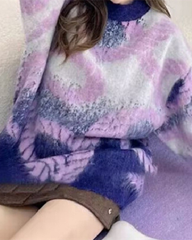 Women's Sweater Pullover Fashion Tie Dye Ribbed Crew Neck Knitted Long Sleeve Regular Tops Knit Holiday Going out Weekend Purple Coffee Fall 2025 - $33.99 –P8