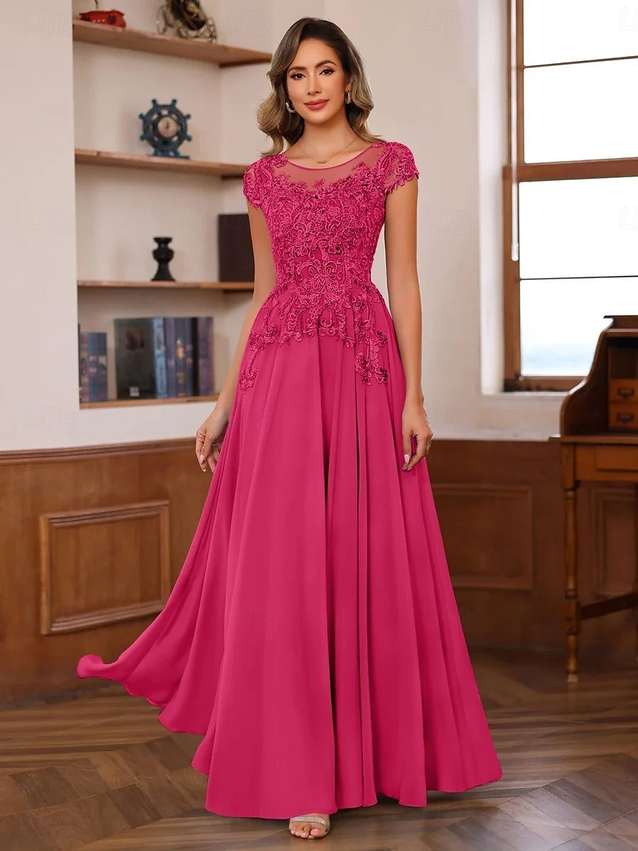 Blue Red A-Line Mother of the Bride Dress Elegant Luxurious Boat Neck Floor Length Chiffon Lace Short Sleeve with Tier Cascading Ruffles 2025 2025 - $139.99 –P10