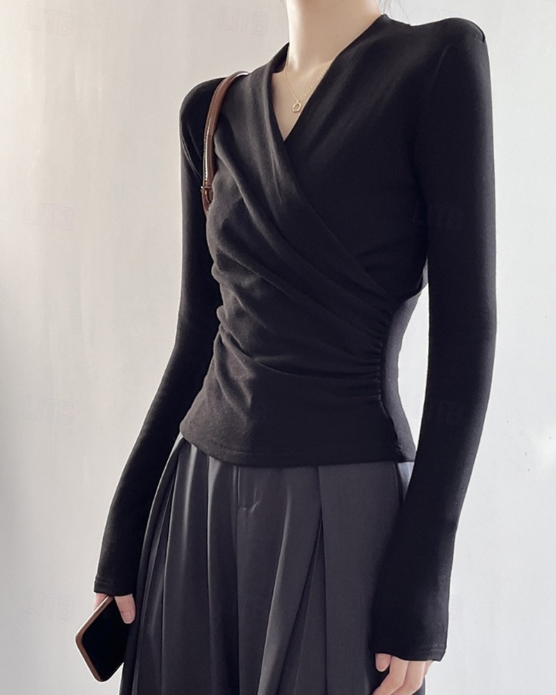 Femmes Chemisier Uni Moderne Occasionnel manche longue Col en V Hauts Réguliers Quotidien Fête Froncé Noir Blanche Marron clair Automne de 2025 ? $22.99 –P16