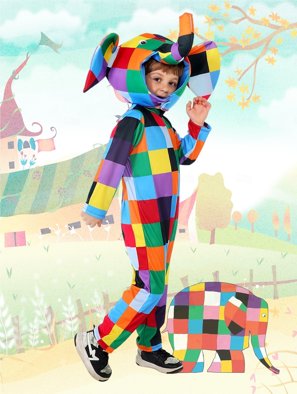 Elmer, patchworkový slon Elmer Kombinéza Kostým Onesie Postavy z pohádek Filmové kostýmy for Chlapecké Dívčí Dětské předvečer Všech svatých Karneval Světový den knihy Výkon Vzdělávací převlékání 2025 - $39.99 –P2