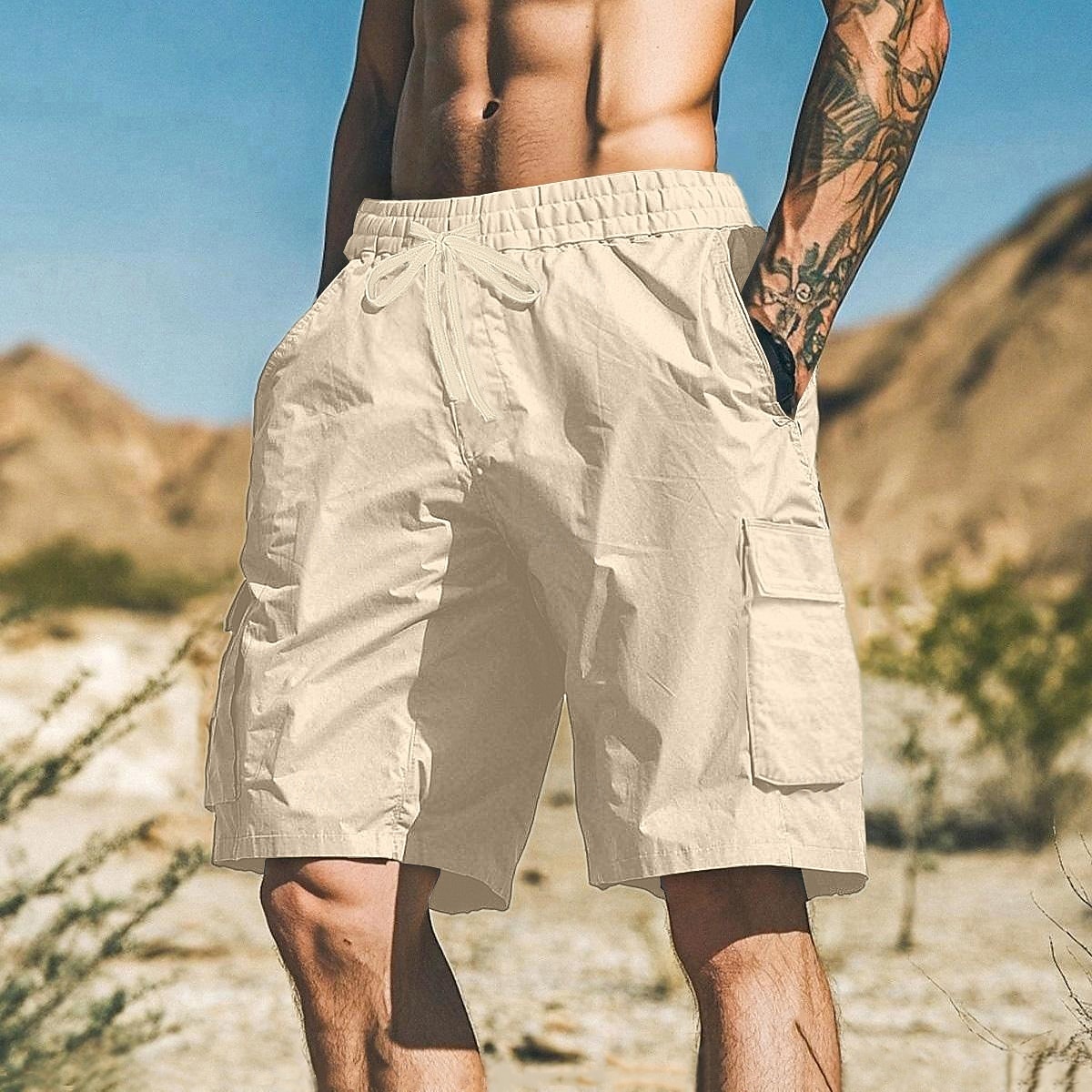 Homens Bermuda Cargo Calção Shorts de verão Bermudas Shorts de praia Com Cordão Bolso multi Perna reta Tecido Respirável Pavio Humido Comprimento do joelho Ao ar livre Casual Diário Férias Moda de 2025 por $25.99 –P1
