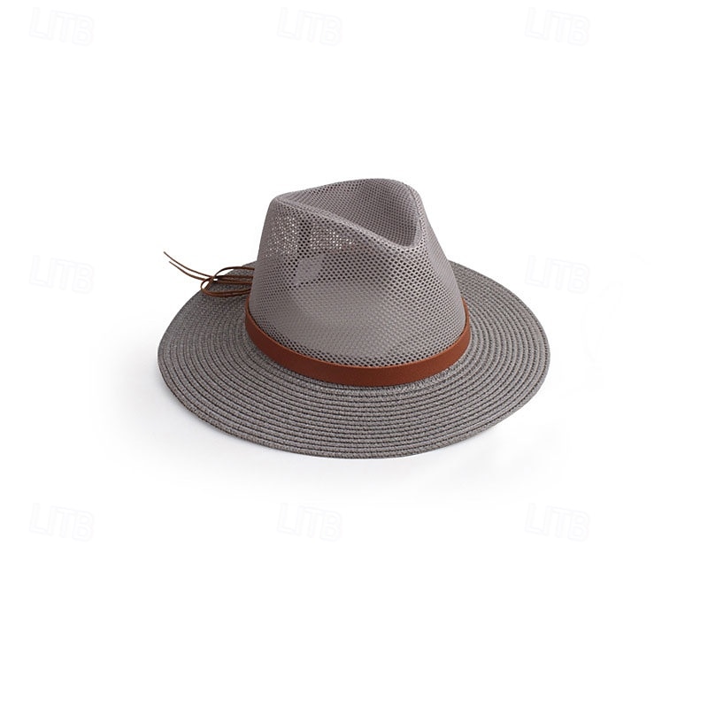 Zomerse cowboyhoed met grote rand, gebreid met net, platte rand, bescherming tegen de zon, opvouwbare herenhoed, strandhoed, casual 2025 - $12.49 –P6