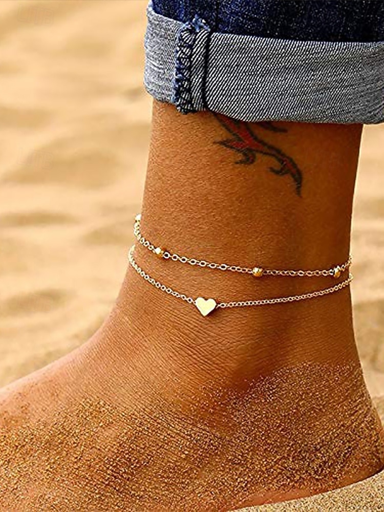 Bracelet de cheville double couche avec pendentif cœur en or pour femme – bijou délicat pour la plage avec chaîne perlée pour les sorties estivales et les vacances de 2026 ? $7.99 –P3