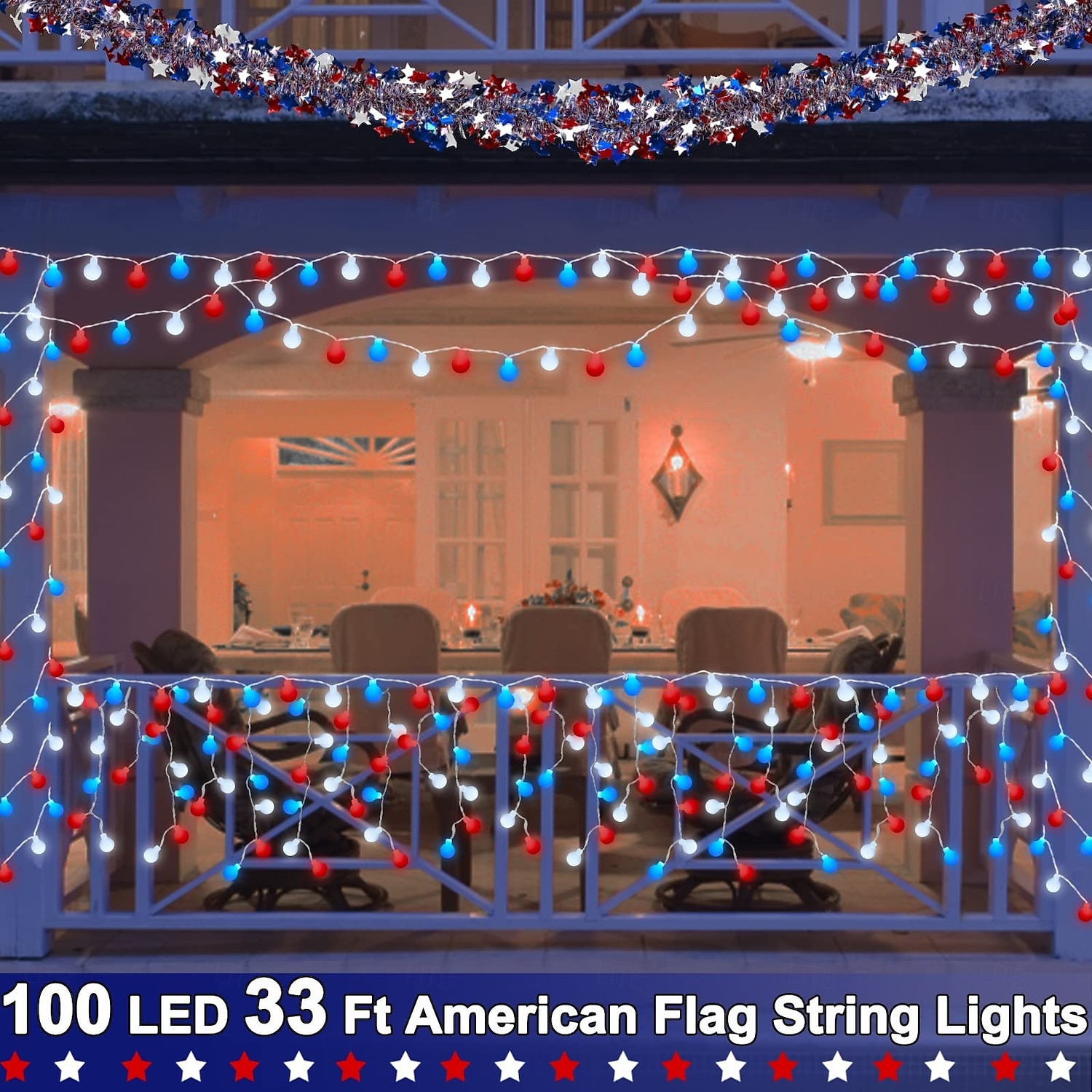 1 Pc 33FT-100 LED Patriotic String Lights July 4th Independence Day Red Blue White Ball Decorative LED String Patriotic Gathering Party Atmosphere 8 Function Remote Control Waterproof Battery Box 2025 - $15.99 –P4