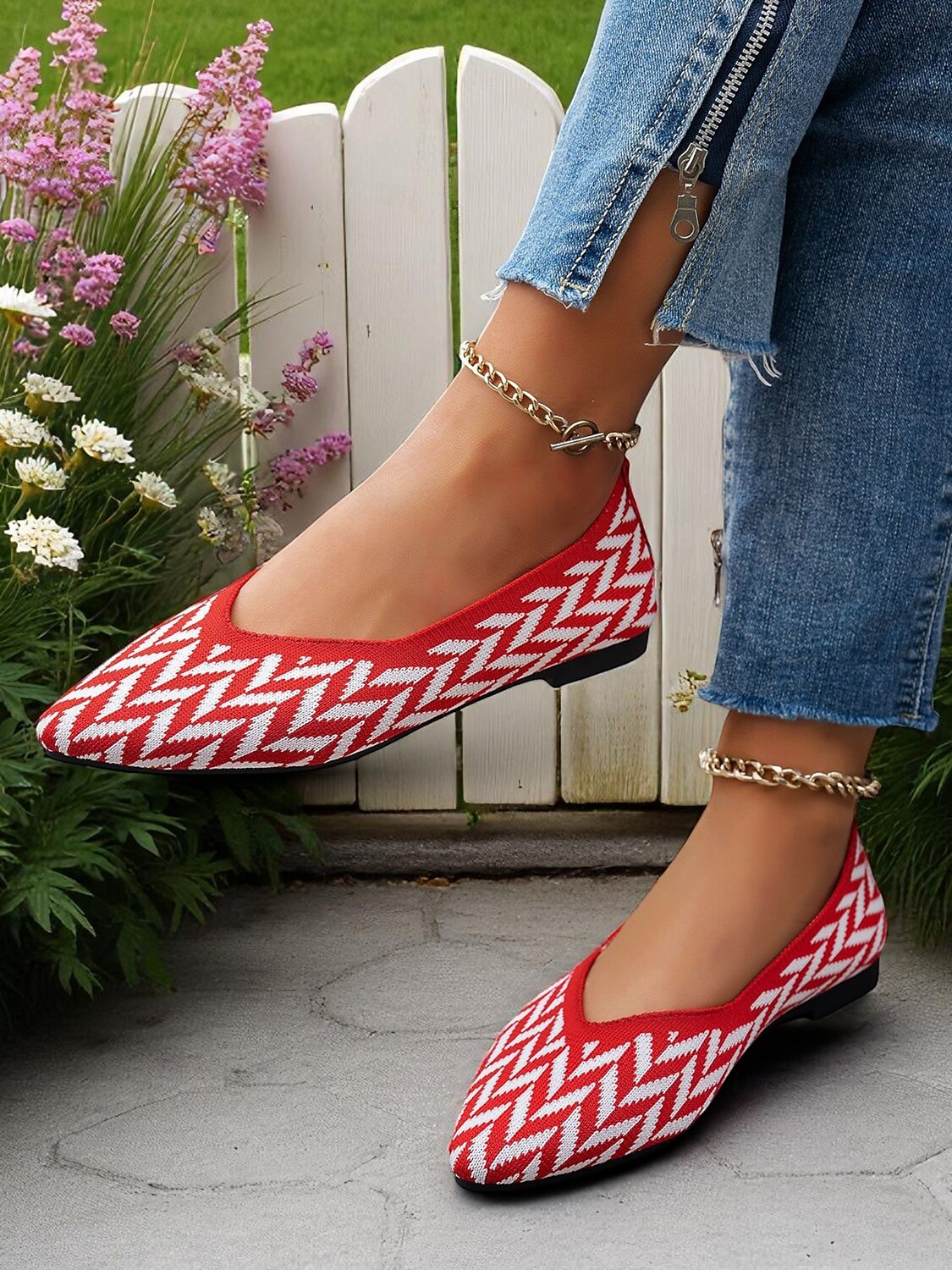 ballerine rosse da donna in Flyknit – ballerine morbide con punta affilata e motivo a zig-zag per appuntamenti casual, picnic ed eventi diurni del 2025 a $18.99 –P3