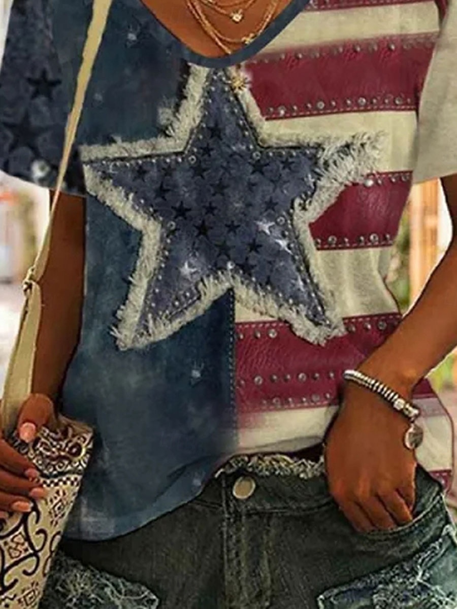 Tricou patriotic pentru femei grafică inimă steag elegant casual cu mânecă scurtă gât în V bluze obișnuite zilnic print albastru mov bronz verde vară primăvară 2025 - $19.99 –P2