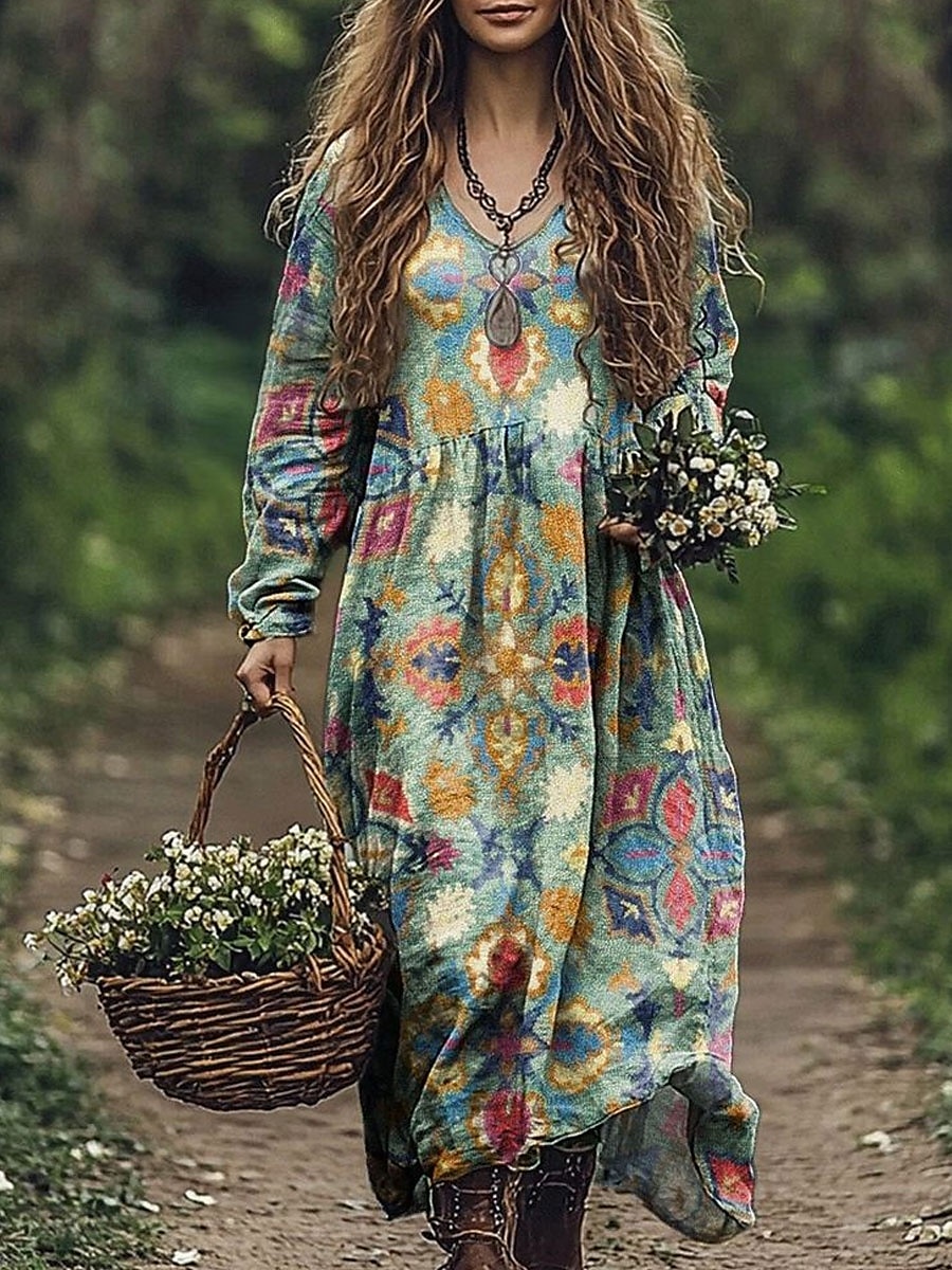 Per donna Abito maxi Abito a trapezio Vacanza Casual Boho Uscire Spiaggia Vestibilità comoda Floreale Grafico Geometrico Manica Lunga Scollo a V Rosa Blu Arancione Verde Primavera Autunno del 2025 a $35.99 –P4
