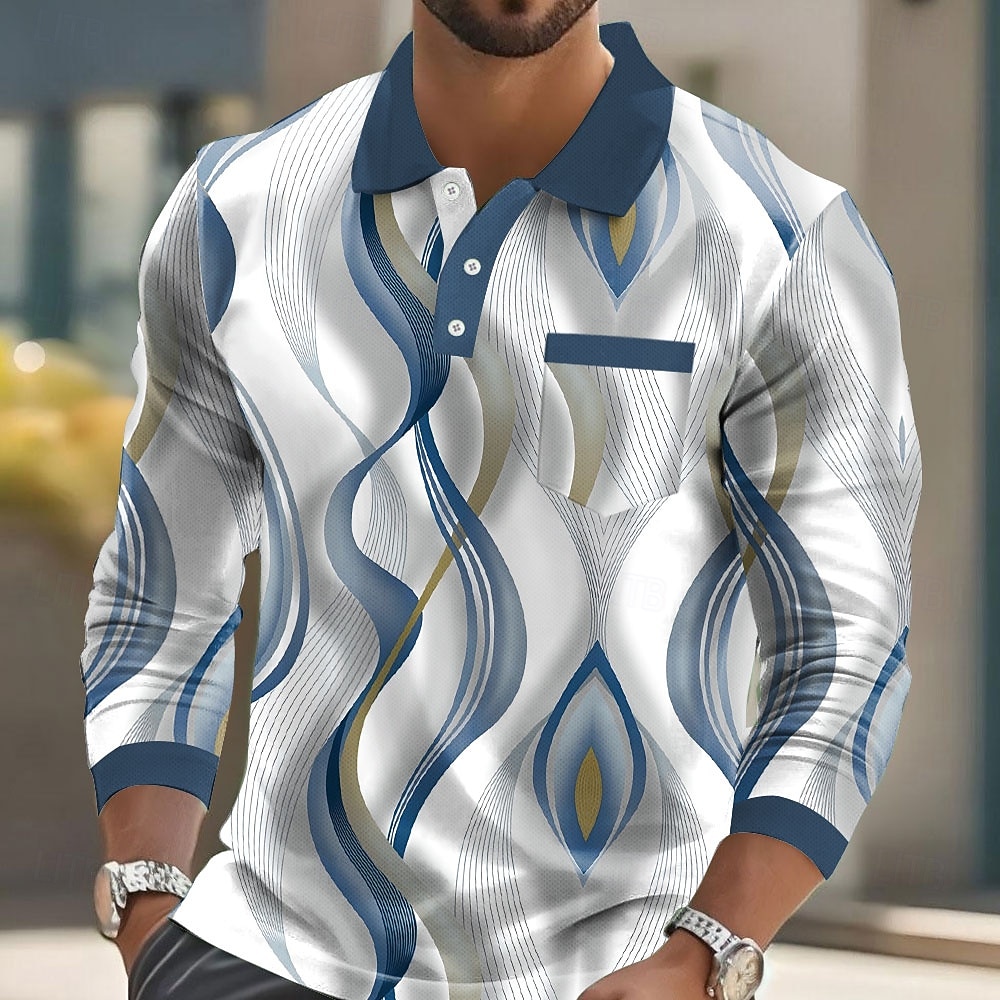 Men's Geometric Polo Long Sleeve Polo Shirts Collared Shirts Casual Business Casual Business Athleisure Daily Wear Buttons Pocket 3D Print Spring Fall Winter Blue Purple Green 2026 - $22.99 –P1