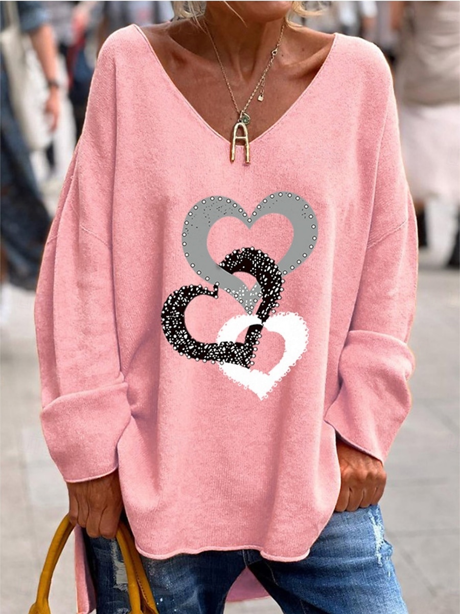 Dame Bluse Hjerte Stilfull Fritid Langermet V-hals Vanlige topper Daglig Trykt mønster Svart Hvit Rosa Oransje Grønn Sommer Vår Høst 2025 - $23.99 –P3
