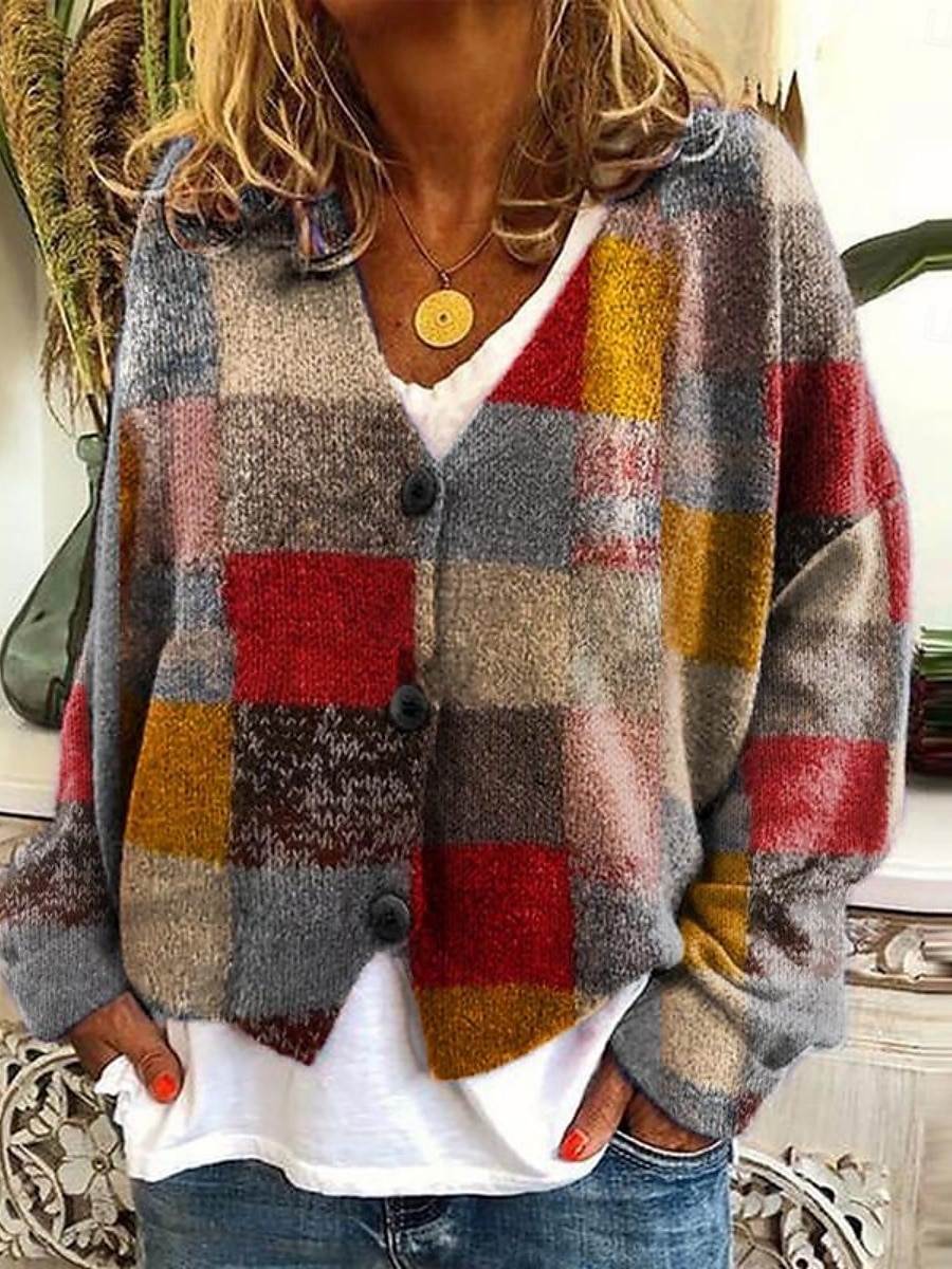 Pentru femei Pulover Bluza Modă Șic Stradă Casual Grafic Geometric Plisat În V Nasturi Tricotat Imprimeu Manșon Lung Topuri obișnuite Tricotat În aer liber Zilnic Sfârșit de săptămână Negru 2025 - $39.99 –P1