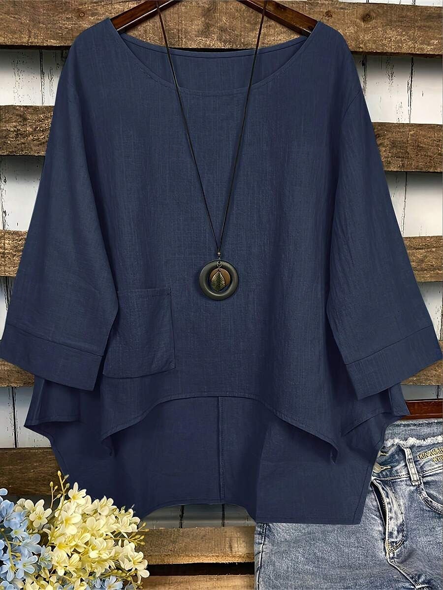 Women's Cotton Linen Blouse Solid Color Elegant Casual 3/4 Length Sleeve Crew Neck Boat Neck Regular Tops Daily Holiday Black White Navy Blue Green Summer Fall 2025 - $31.99 –P5