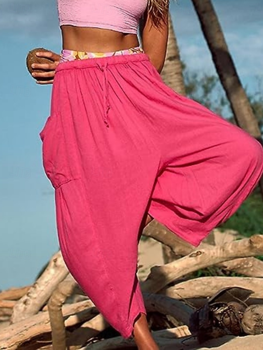 Mulheres Calças de linho de algodão chinês Moda Básico Casual Comprimento total Cintura Alta Tecido Bolsos Com Cordão Conforto Exterior Micro-Elástica Férias Rua Diário Branco Amarelo fúcsia cáqui de 2025 por $25.99 –P1