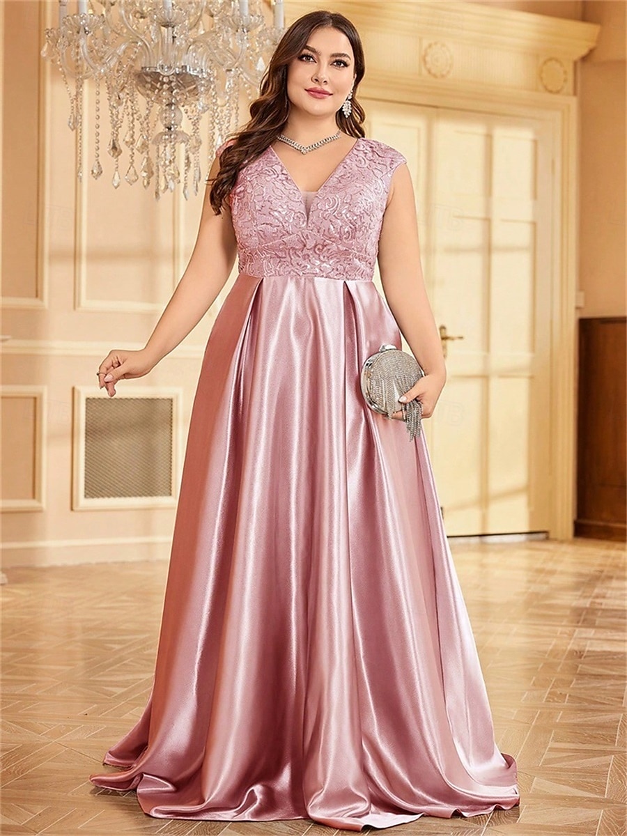 Robe A-Line Grande Taille Élégante Robe Courbe De Mariage Formelle Longue Au Sol Manches Courtes Col en V Satin Dos Nu Avec Plis 2025 de 2025 ? $119.99 –P13