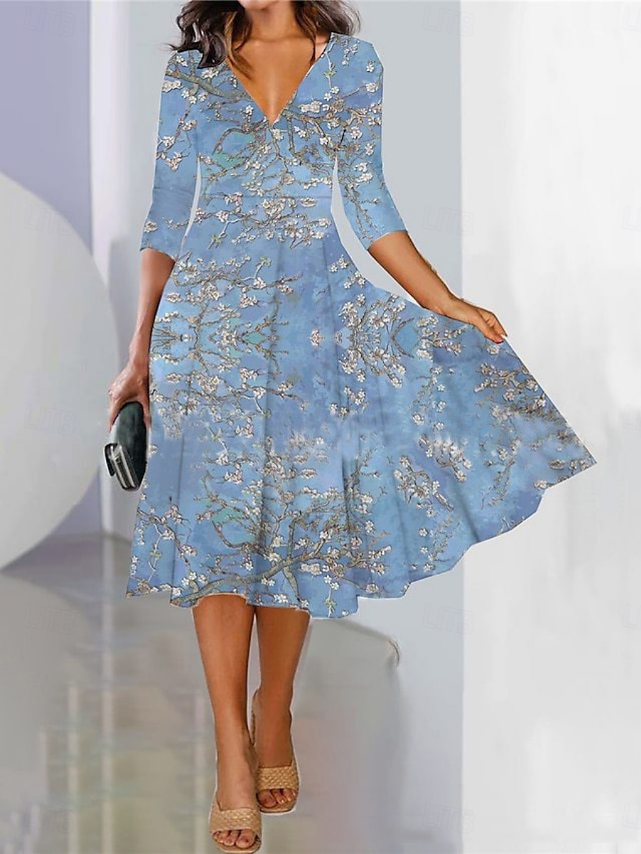Women's Maxi Dress A Line Dress Semi Formal Office Regular Fit Floral 3/4 Length Sleeve V Neck Black Blue Purple Green Spring Fall 2025 - $26.99 –P2