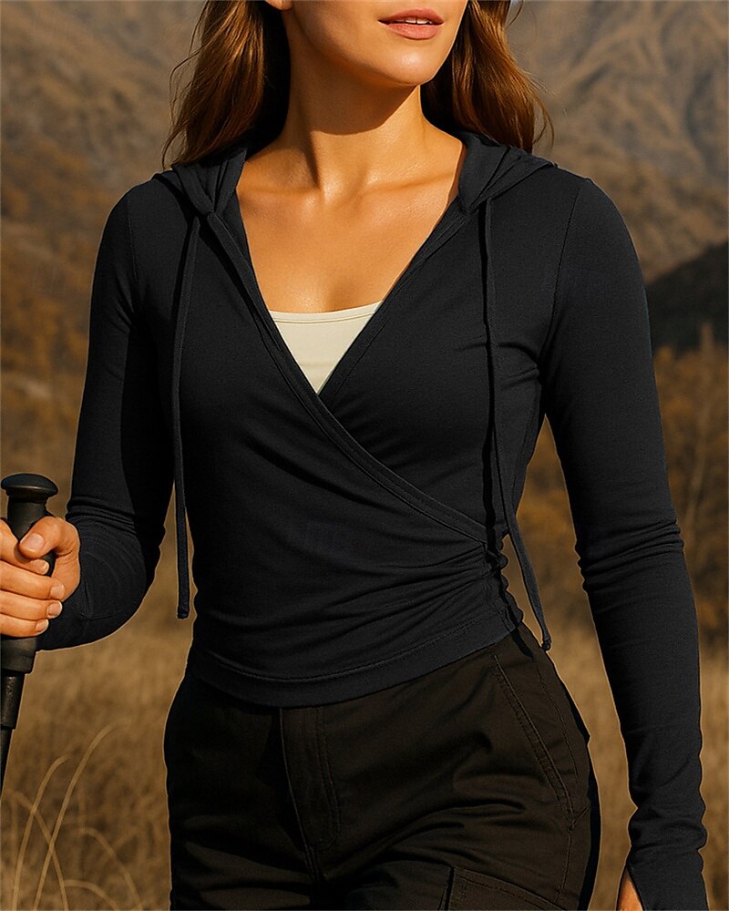 Damen Wandershirt Wandertop Langarm Kapuzen T-Shirt Oberteil Outdoor Atmungsaktiv Schnelltrocknend Leicht Elastisch Mit Kapuze Baumwollmischung Schwarz Weiß Rot Tennis Golf Laufen 2025 - $23.19 –P8