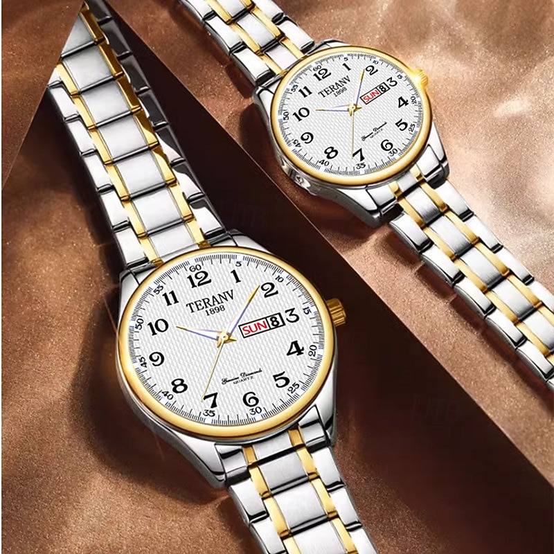 il s'agit d'une montre de couple élégante avec deux cadrans numériques ronds et des bracelets en acier inoxydable dotés d'un affichage de date lumineux étanche IPX7 du lundi au dimanche. c'est un de 2025 ? $28.99 –P2