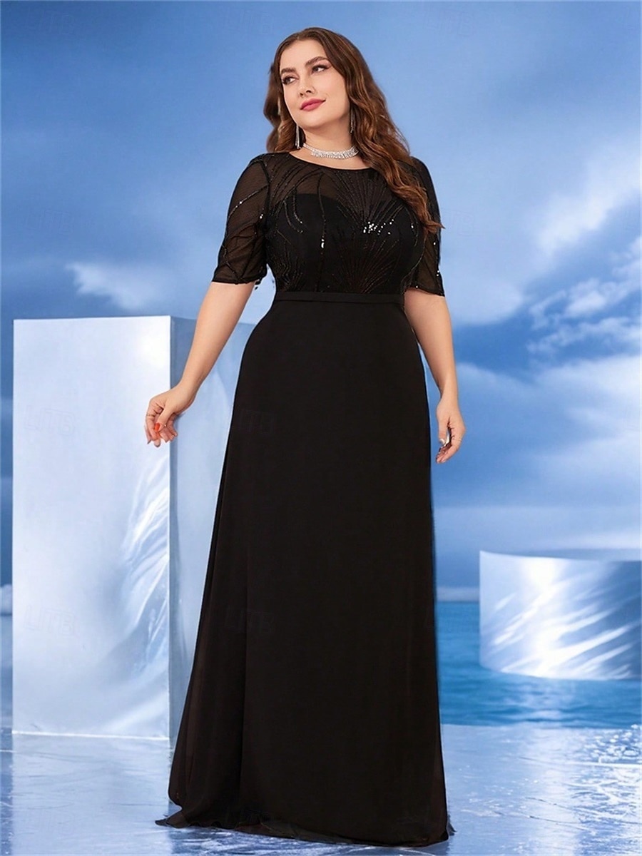 A-Linie Plus Size Kleider Elegantes Kurvenkleid Formal Hochzeit Bodenlang Halblang Ärmel Rundhals Chiffon mit Perlen 2025 - $109.99 –P5