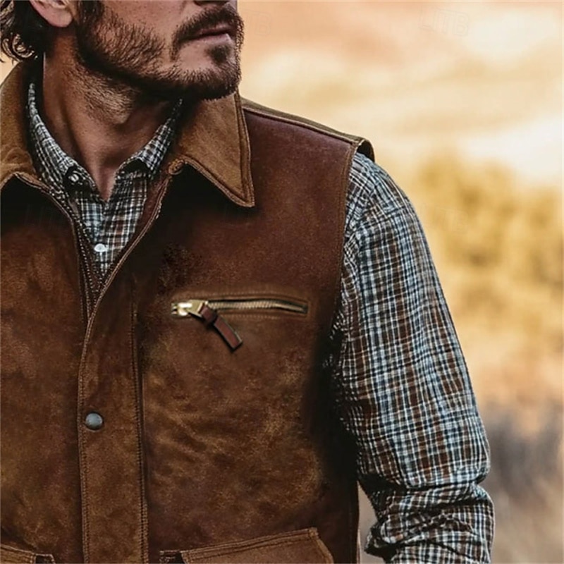 Herren Weste Gilet Outdoor Täglich Vintage Lässig Frühling Herbst Tasche Knöpfe Polyester Bequem Einfach Einreihig Ein-Knopf Revers Normale Passform Braun Weste 2025 - $48.99 –P2