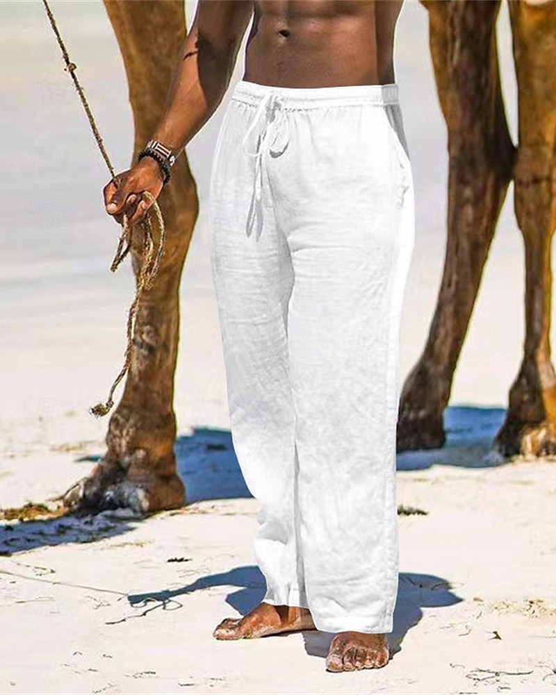 Herr Linne Byxor Långbyxor Sommarbyxor Strandbyxor Ficka Snörning Elastisk midja Slät Komfort Andningsfunktion Semester Dagligen Helgdag Hawaiisk Boho Svart Vit 2025 - $18.99 –P3