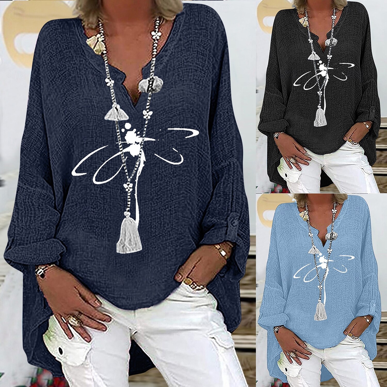 Women's Cotton Linen Shirts Dragonfly Basic Casual Long Sleeve V Neck Regular Tops Daily Print Black Navy Blue Sky Blue Summer Fall 2025 - $29.99 –P1