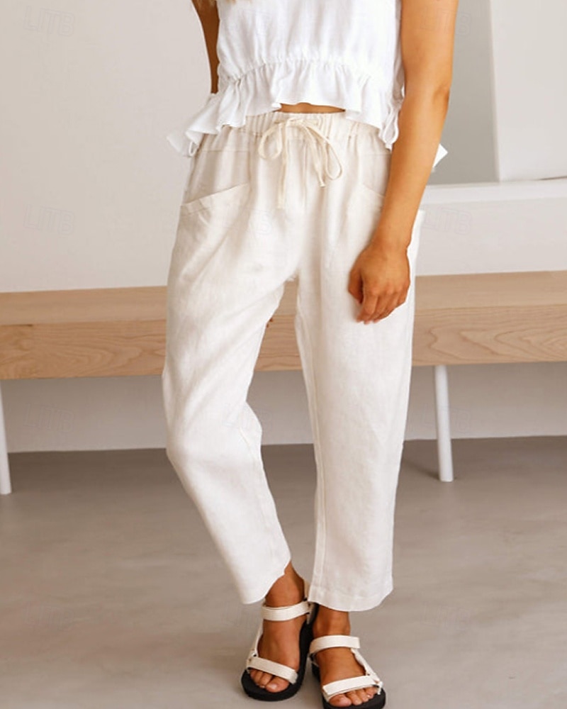 Women's Cotton Linen Pants Slacks Streetwear Casual Full Length Natural Plain Pocket Elastic Drawstring Design Comfy Outdoor Comfortable Holiday Daily Wear Going out Rust Light Sky Blue Grey Black 2025 - $27.99 –P2