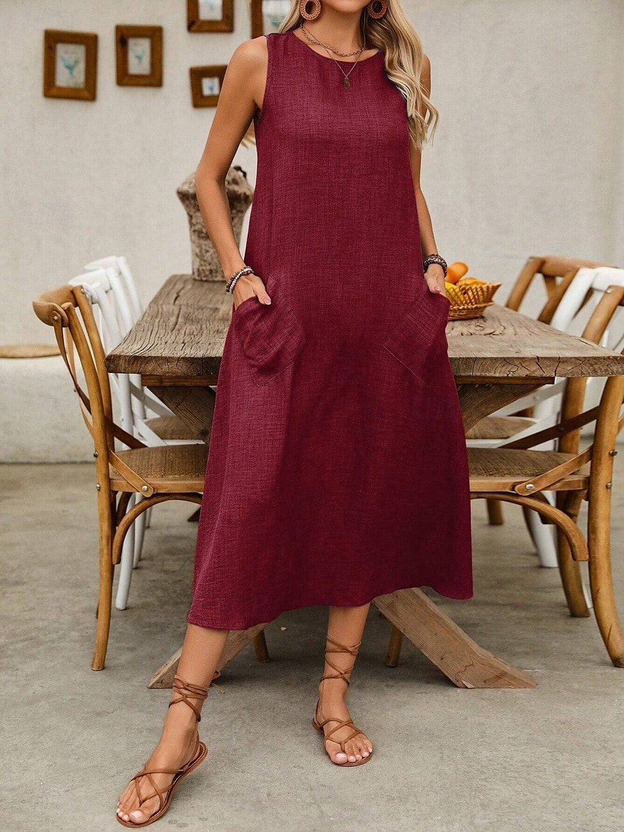 Damen Maxikleid A Linie Kleid Sommerkleid Lässig Täglich Normale Passform Einfach Ärmellos Rundhalsausschnitt Wein Blau Braun Grün Sommer 2025 - $24.99 –P21